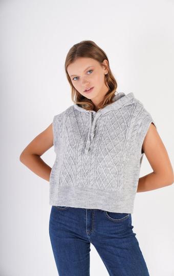 Trist Star Kadın Gri Kapüşonlu Oversize Yün Süveter Örme Triko Trist-6131