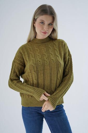 Trist Star Kadın Olive Oversize Yarım Balıkçı Saç Örgülü Yünlü Özel İplik Triko Örme Kazak Trıst-6158