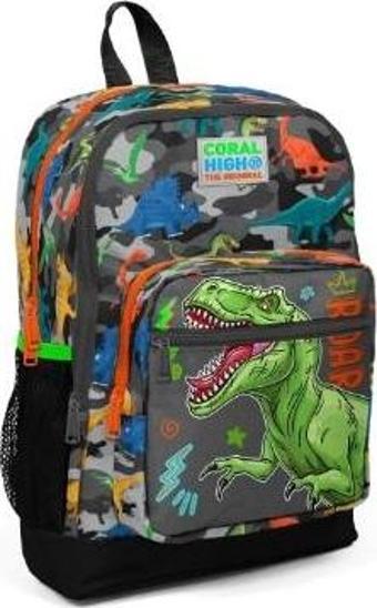 Coral High Kids Siyah Gri Dinozor Desenli Dört Bölmeli Okul Sırt Çantası 23744