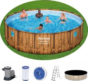 Bestway 56977 Prefabrik Aile Havuzu Rattan Desen 549x122cm Merdiven Örtü Filtre Set
