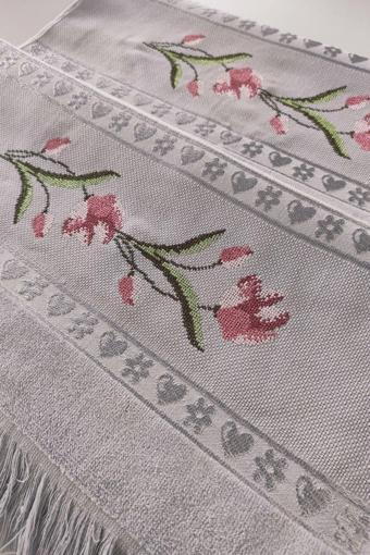 Gül Nakışlı Jakarlı Kadife El Yüz Havlusu - 50x90 cm-Gri