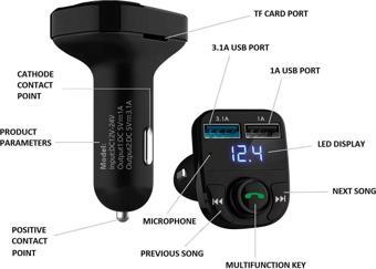 GA02 Otomatik Frekans Tanımalı FM Radyo Transmitter 3.1A Hızlı Şarj Micro SD Bluetooth MP3 Çalar Çakmaklık