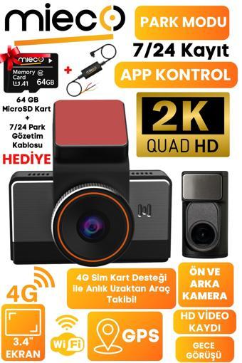 Mieco G4  2K QHD / GPS / 4G / Wifi / 140° Geniş Açı / Gece Görüşü / Ön + Arka Kamera / Sim Kartlı Araç Kamerası (2025) + Hafıza Kartı ve Park Kiti Hediyeli