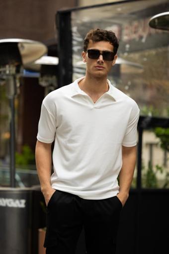 GLASSES V Yaka Oversize Fitilli T-Shirt - Beyaz