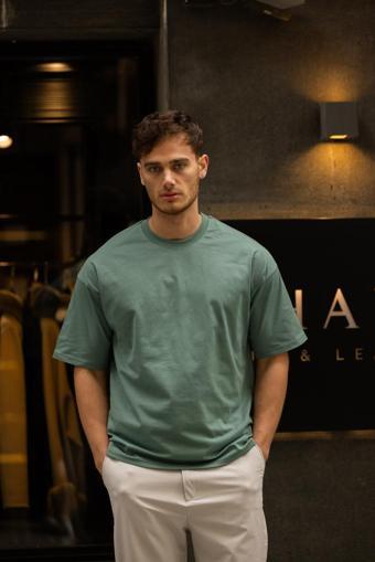 GRAVEL Oversize Bisiklet Yaka Pamuklu T-shirt - Su Yeşili