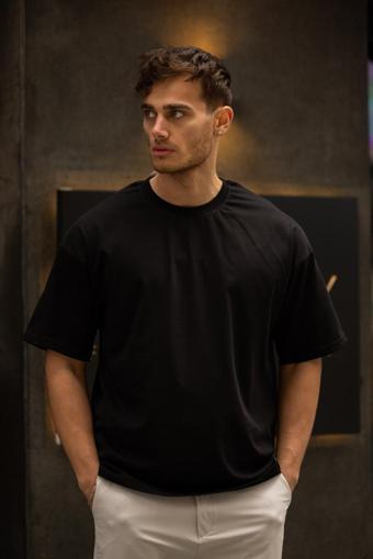 GRAVEL Oversize Bisiklet Yaka Pamuklu T-shirt - Siyah