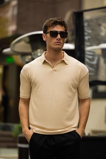 GLASSES V Yaka Oversize Fitilli T-Shirt - Bej