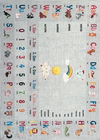 İngilizce Figürlü Eğitici oyun Halısı Çocuk Bebek Odası Gri Renkli Yıkanabilir Kaymaz Taban Halı