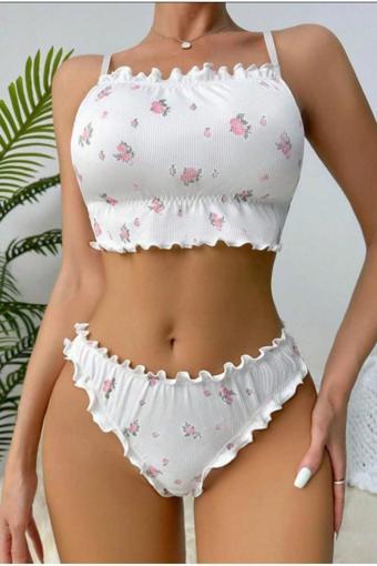 Butik Ayvitrin Beyaz Çiçek Desenli Marum Trim Alt Üst Takım