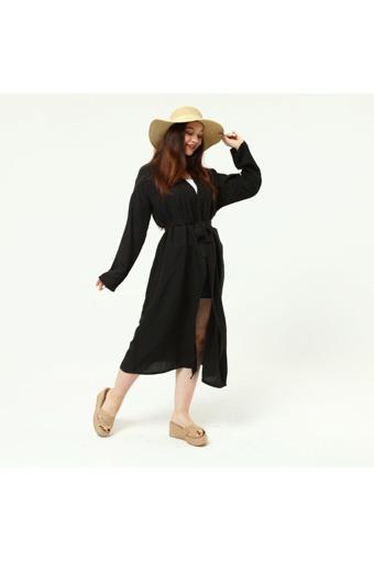 Bav Butik Ayvitrin Kadın Bej Ayrobin Kuşaklı Kimono&Kaftan Siyah