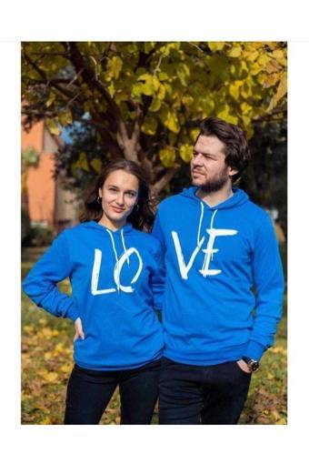 Butik Ayvitrin Sevgili Kombini Çift Kapşonlu Sweatshirt Mavi