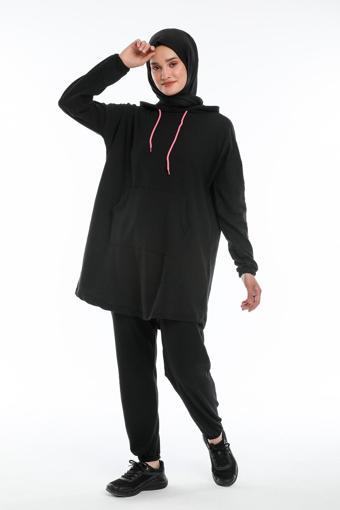 Bav Butik Ayvitrin Tesettür Siyah Pembe Fosforlueşofman Takımı