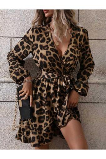 Butik Ayvitrin Kadın Kruvaze Yaka Kuşaklı Leopar Kısa