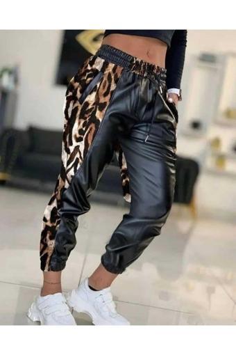 Butik Ayvitrin Bel Ve Paça Lastikli Detay Yanları Leopar Detay Bağcıklı Deri Pantolon