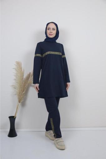 Bav Butik Ayvitrin Kadın Tesettür Kapüşonsuz Sim Şeritli Eşofman Takımı Lacivert