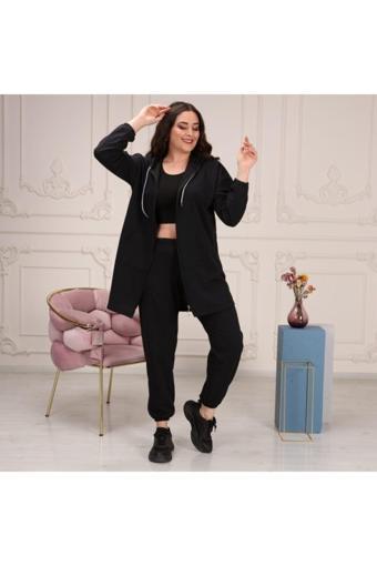 Bav Butik Ayvitrin Büyük Beden Tomy Fermuarlı Kapüşonlu Eşofman Takımı Siyah
