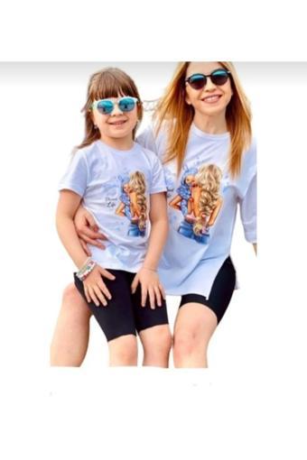 Butik Ayvitrin Anne Kız Kombin Tişört Beyaz Mavili Bebek