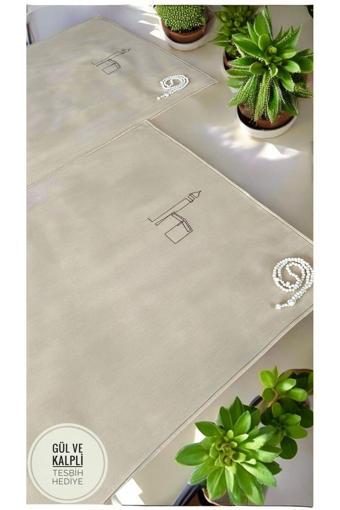 Nurdan Keskin Çift Seccadesi Minimal Kabe Işlemeli Keten Seccade Namazlık - Çeyizlik Hediyelik Çanta Seccadesi 65x115 cm