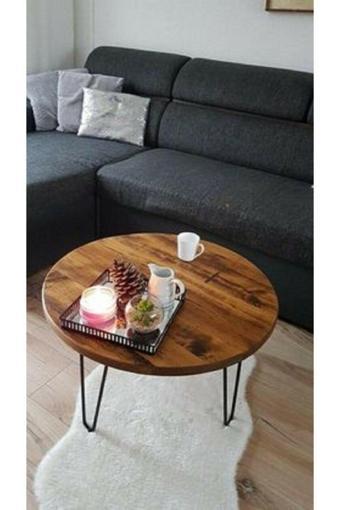 Vivonty Ahşap Yuvarlak Dekoratif Metal Ayak Orta Sehpa 70 Cm Yuvarlak Orta Sehpa