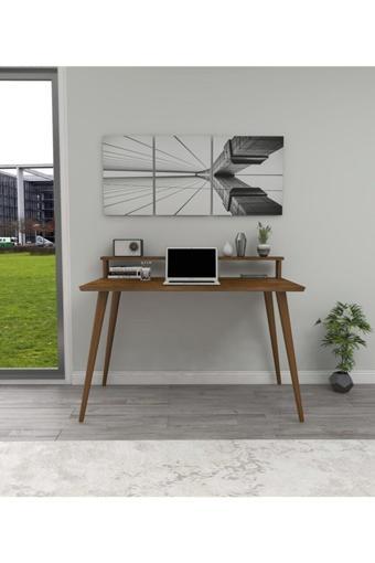 Vivonty Masif Ofis Çalışma Masası 110X75 Doğal Ahşap Tek Raflı Ağaç Ayak Ceviz 07260