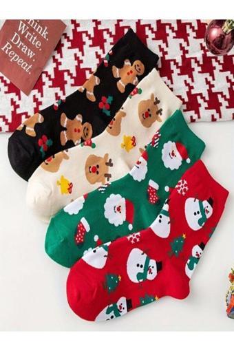 Elioure 4'Lü Yılbaşı Ağaç Noel Baba Christmas Desenli Set Unisex Pamuklu Kokulu Soket Çorap
