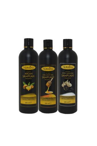 Nursima Bitki Özlü Argan Şampuanı Collagen Şampuanı S. Sarımsak Şampuanı, 3 X 350 Ml