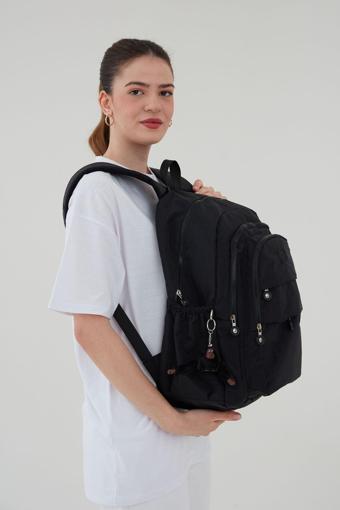 Rosso Collina Unisex Krinkıl Kumaş Su İtici Büyük Boy Çok Gözlü Siyah Seyahat Sırt Çantas Lise Ortaokul Universite