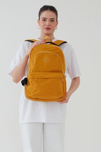 Rosso Collina Unisex Krinkıl Su Geçirmez Kumaş Büyük Boy Çok Gözlü Okul Seyahat Sırt Çantası Hardal