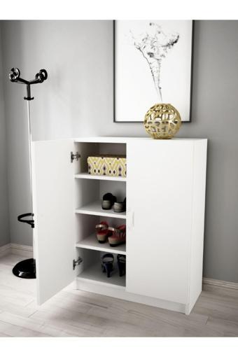 Alesta Life 2 Kapaklı 4 Raflı Ayakkabılık, Çok Amaçlı Dolap, Ayakkabı Dolabı Beyaz 70x33x90 cm