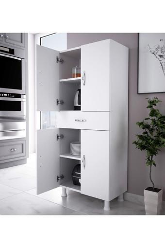 Alesta Life 4 Kapaklı Çekmeceli Mutfak Dolabı Banyo Dolabı Çok Amaçlı Dolap Beyaz 60x35x145 cm