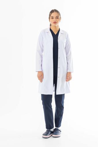 Spor Yaka Uzun Boy Kadın Doktor Önlüğü Alpaka Kumaş Beyaz (BKO007)