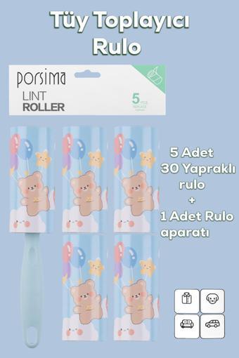 Porsima 3105 Kedi Köpek Tüy Toplayıcı Rulo + 4 Adet Yedek Rulo Mavi