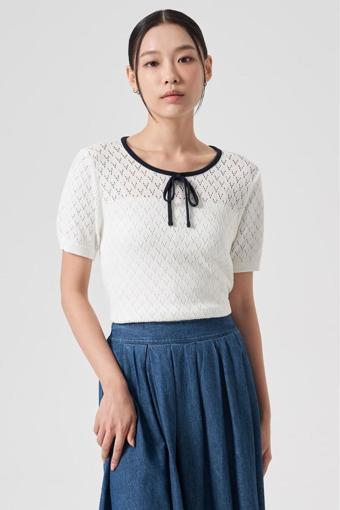 De Pose Ajurlu Yuvarlak Yaka Yazlık Fiyonk Kurdele Detaylı Örme T-Shirt
