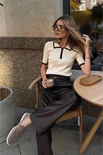 De Pose Ekru Kısa Kollu Premium Polo Yaka Fermuarlı Triko Kadın T-Shirt