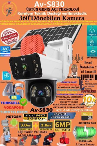 Av-s830 Güneş Enerjili Sim Kartlı 4g 6mp Solar Güvenlik Kamerası,10x Zoom,360 Güçlü Batarya