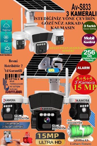Av-s833 Solar Güneş Enerjili Panelli 3 Kameralı 15mp 3 Lens 4g Sim Kart Güçlü Batarya 3 Pır Sensör