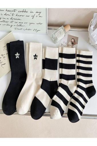 Sky Socks 5'Li Ekonomik Paket Siyah-Beyaz Çizgili Desenli Unisex Tenis Çorap Seti