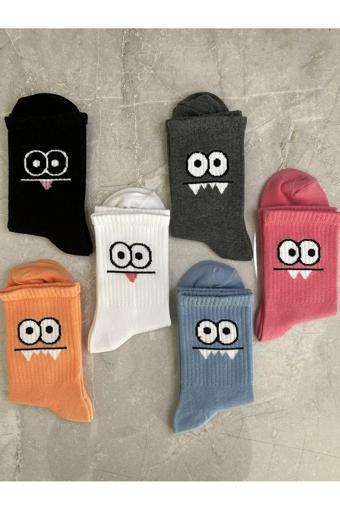 Sky Socks 6'Lı Renkli Neşeli Yüz Çizgi Karakter Seti Unisex Kokulu Tenis Kolej Çorap
