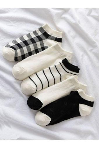 Sky Socks 5'Li Çizgili Desenli Patik Ekonomik Paket Unisex Kısa Spor Sneakers Çorap