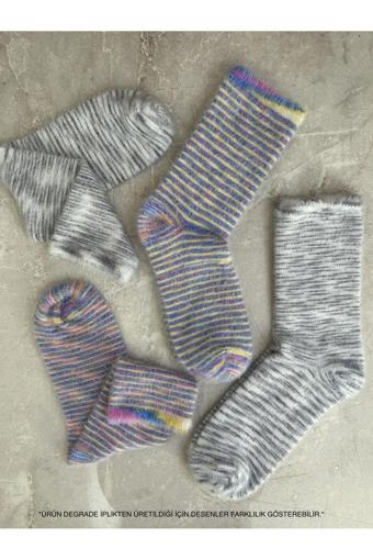 Sky Socks 2'Li Peluş Kışlık Yumuşak Yünlü Degrade Kokulu Gri-Mor Uyku Çorabı