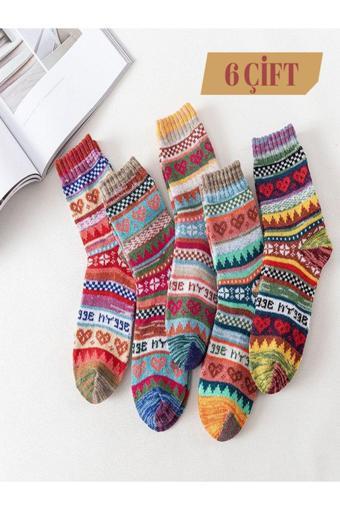 Sky Socks 6'Lı Kışlık Kalın Örgülü Çok Renkli Desenli Soket Çorap Set