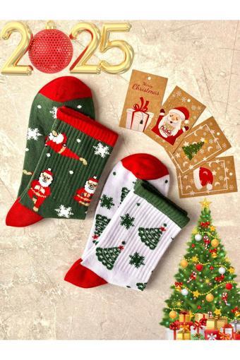 Sky Socks 2'Li Yılbaşı Ağaç Noel Baba Christmas Desenli Hediyelik Kartlı Set Unisex Pamuklu Tenis Kolej Çorap