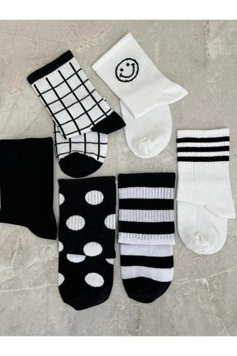 Sky Socks 6'Lı Çizgili Çemberli Puantiyeli Siyah-Beyaz Set Unisex Kokulu Tenis Kolej Çorap