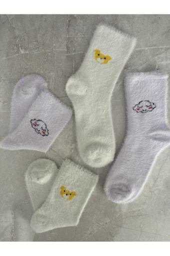 Sky Socks 2'Li Peluş Kışlık Yumuşak Yünlü Kokulu Beyaz-Lila Uyku Çorabı