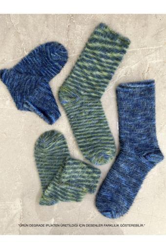Sky Socks 2'Li Peluş Kışlık Yumuşak Yünlü Degrade Kokulu Mavi-Yeşil Uyku Çorabı