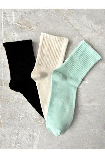 Sky Socks 3'Lü Tenis Pamuklu Siyah-Ekru-Yeşil Renkli Unisex Kokulu Kolej Çorap Seti