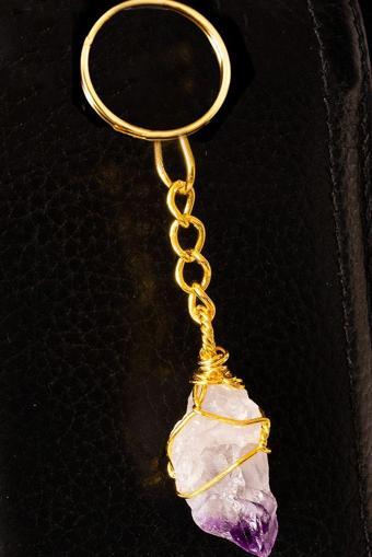Sertifikalı Gold Tel Sargılı Ametist Taşı Anahtarlık