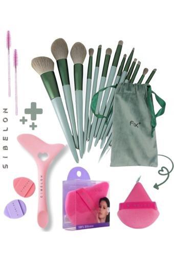 Sibelon 20 Parça Özel Keseli Makyaj Fırça Seti 13 Cm & Eyeliner Ruj Maskara Çekme Aparatı & Pudra Süngeri