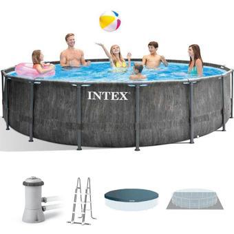 İntex 26742NP Greywood Yuvarlak Prefabrik Aile Havuzu 457x122cm Filtre+Merdiven+Örtü Set