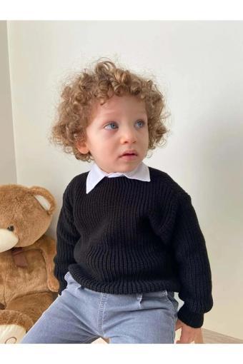 Unisex Bebek Triko Kazak – Siyah Renk, Kalın Örgü, Kışlık, Sıcak Tutan Bebek Çocuk Kazak